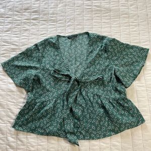 SHEIN Green Flutter Sleeve Blouse with Tie Front